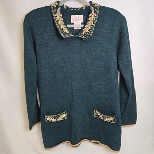 Vtg Jaclyn‎ Smith Beaded Metallic Fall Leaves Sweater, Green/Gold, Size Medium